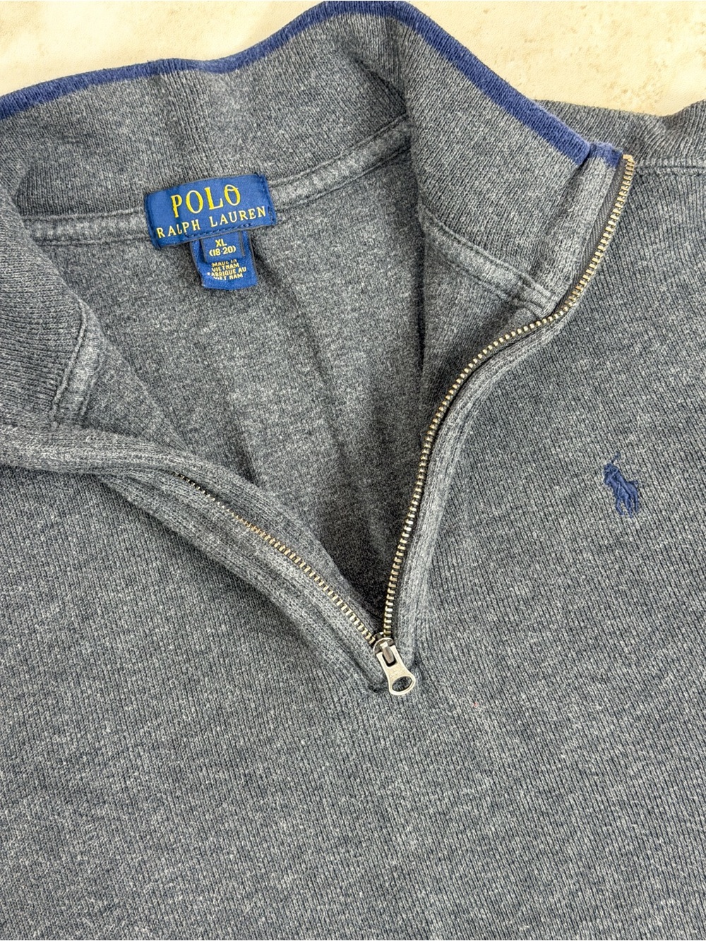 Polo Ralph Lauren Boys XL 18-20 Gray Navy Pony Quarter Zip Pullover Sweater